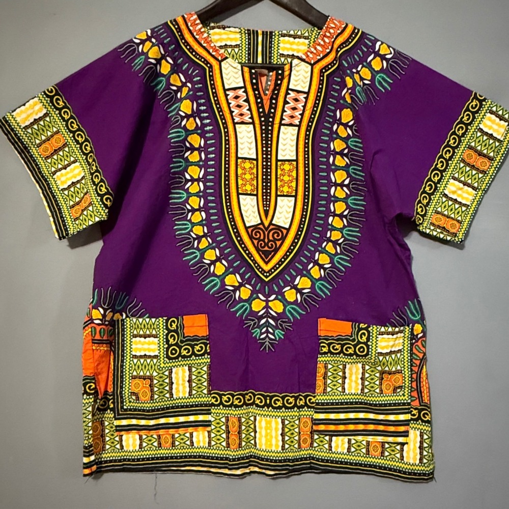 100% Cotton Bright Batik Dashiki Top Medium Thailand Purple Yellow V Neck